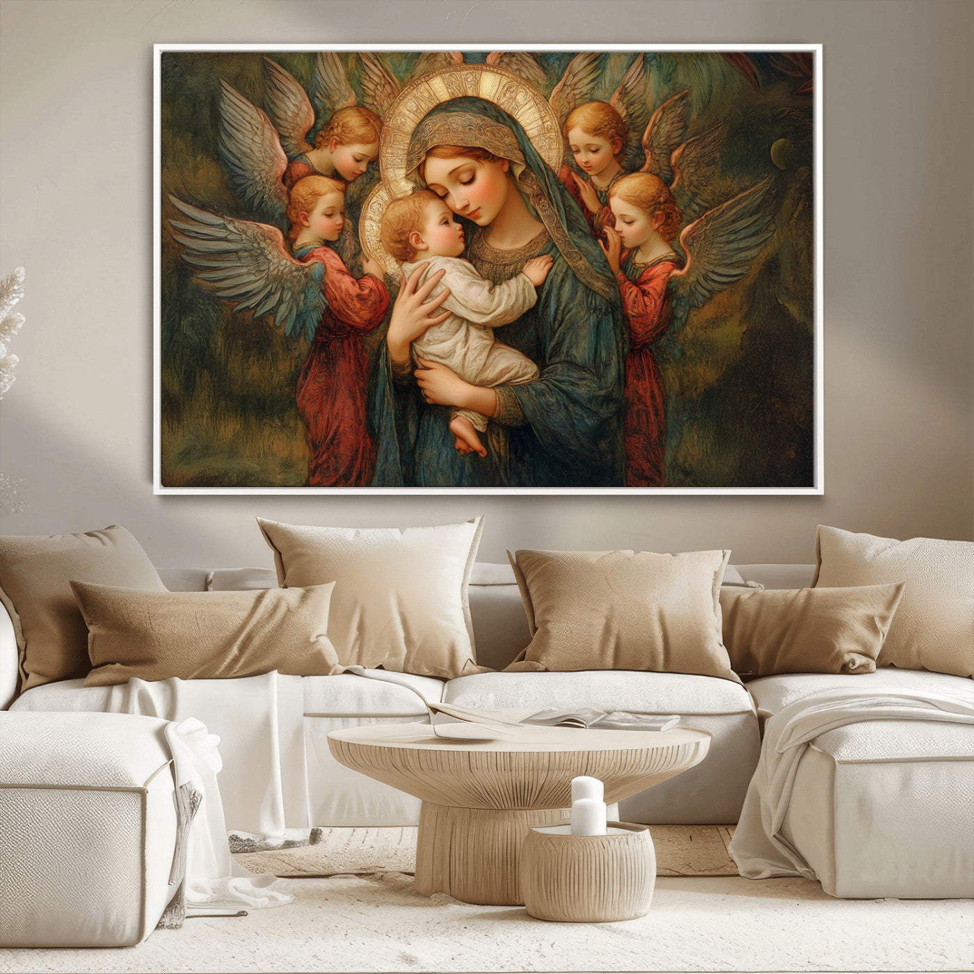 MGV-FC-36X24 - Mary Jesus Canvas Wall Art Print - Madonna and Child with Angels Art Print - Classic Christian