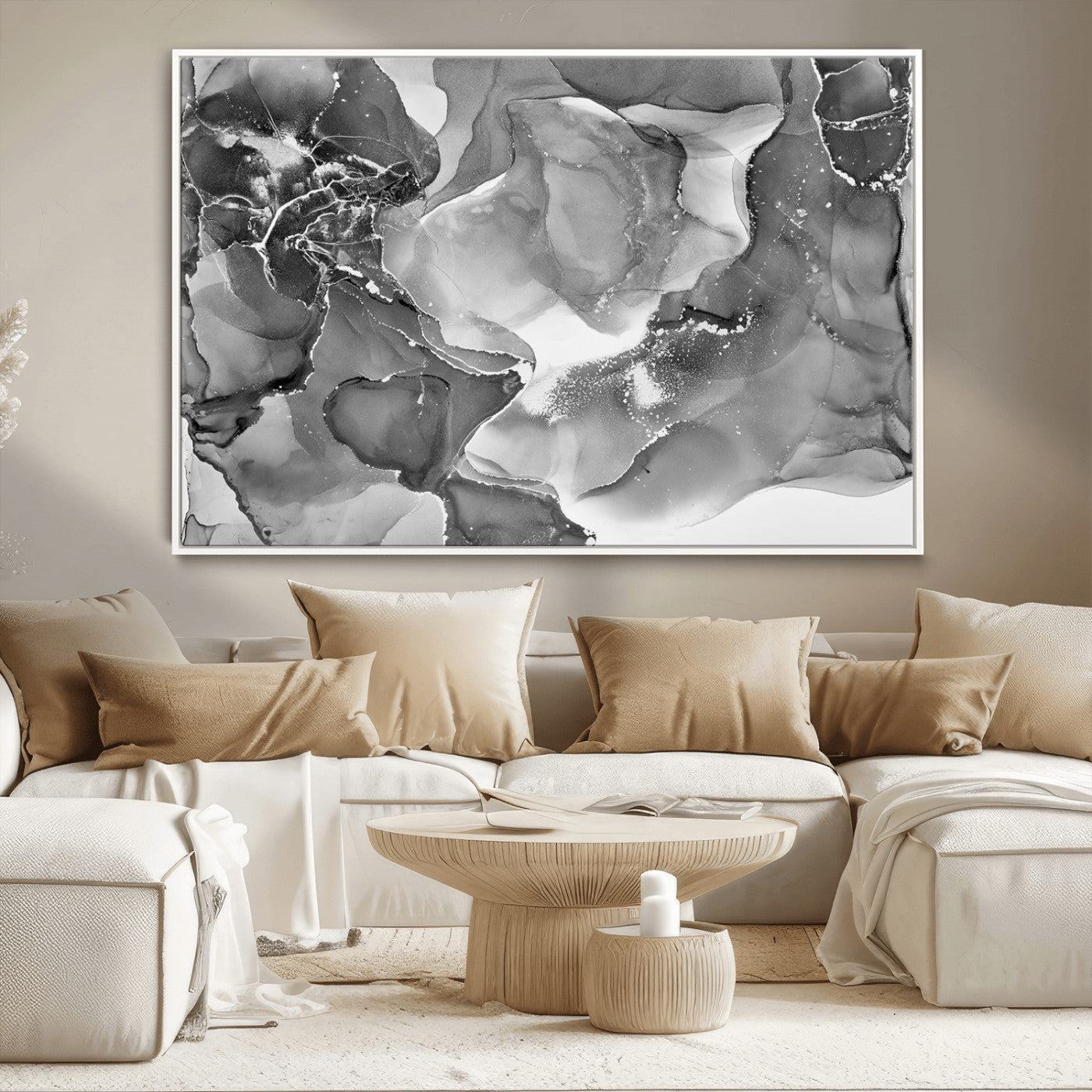 MGV-FC-36X24 - Black White Abstract Canvas Wall Art - Fluid Ink Artwork - Modern Luxury Wall Decor for Contemporary