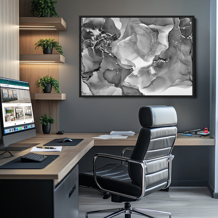 Black White Abstract Canvas Wall Art - Fluid Ink Artwork - Modern Luxury Wall Decor for Contemporary Interiors
