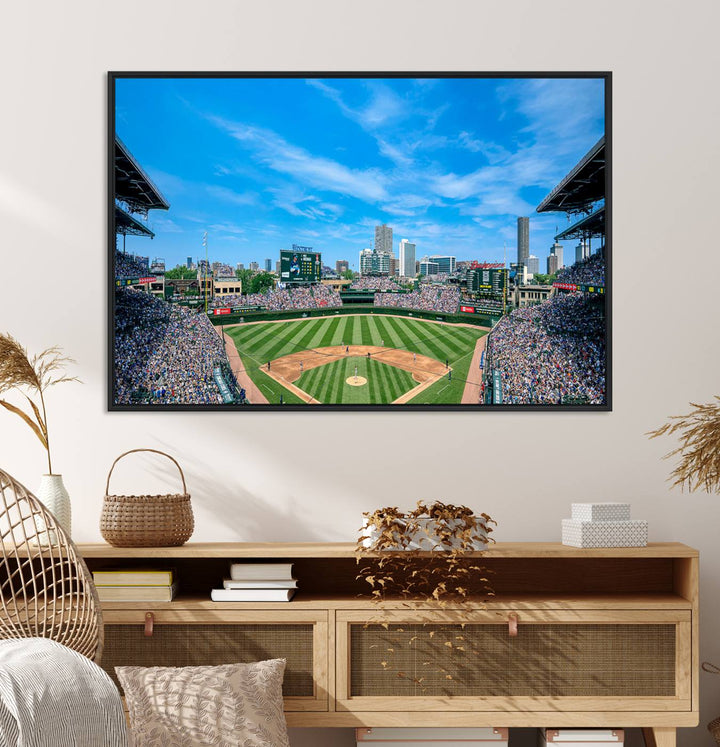 Panoramic view of Wrigley Field, ideal for the Wrigley Field Chicago Cubs Panoramic Canvas Wall Art - Ready to Hang.