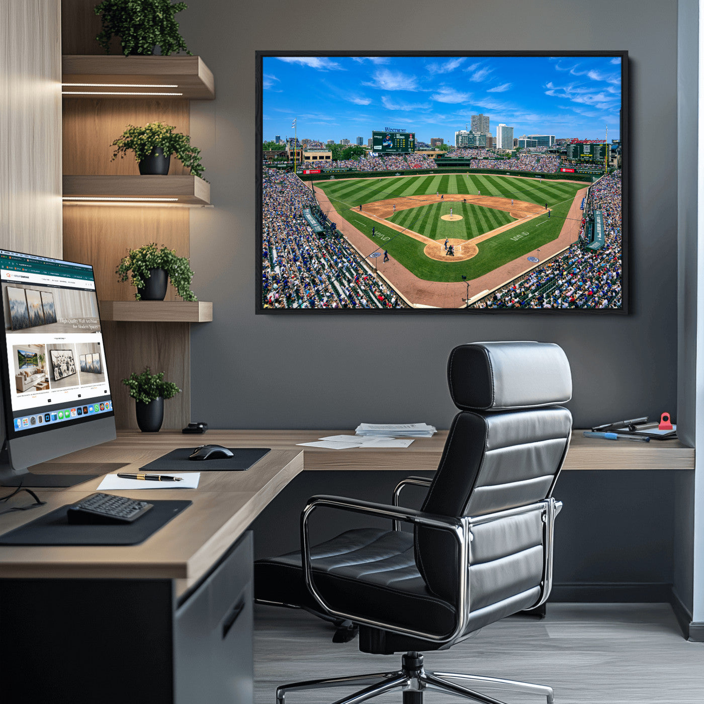 26064-MGV-CV-30X20-Framed Wrigley Field Chicago Cubs Print, Panoramic Multi Piece Canvas Wall Art - Iconic Baseball Stadium Print for Sports Lovers - Ready to