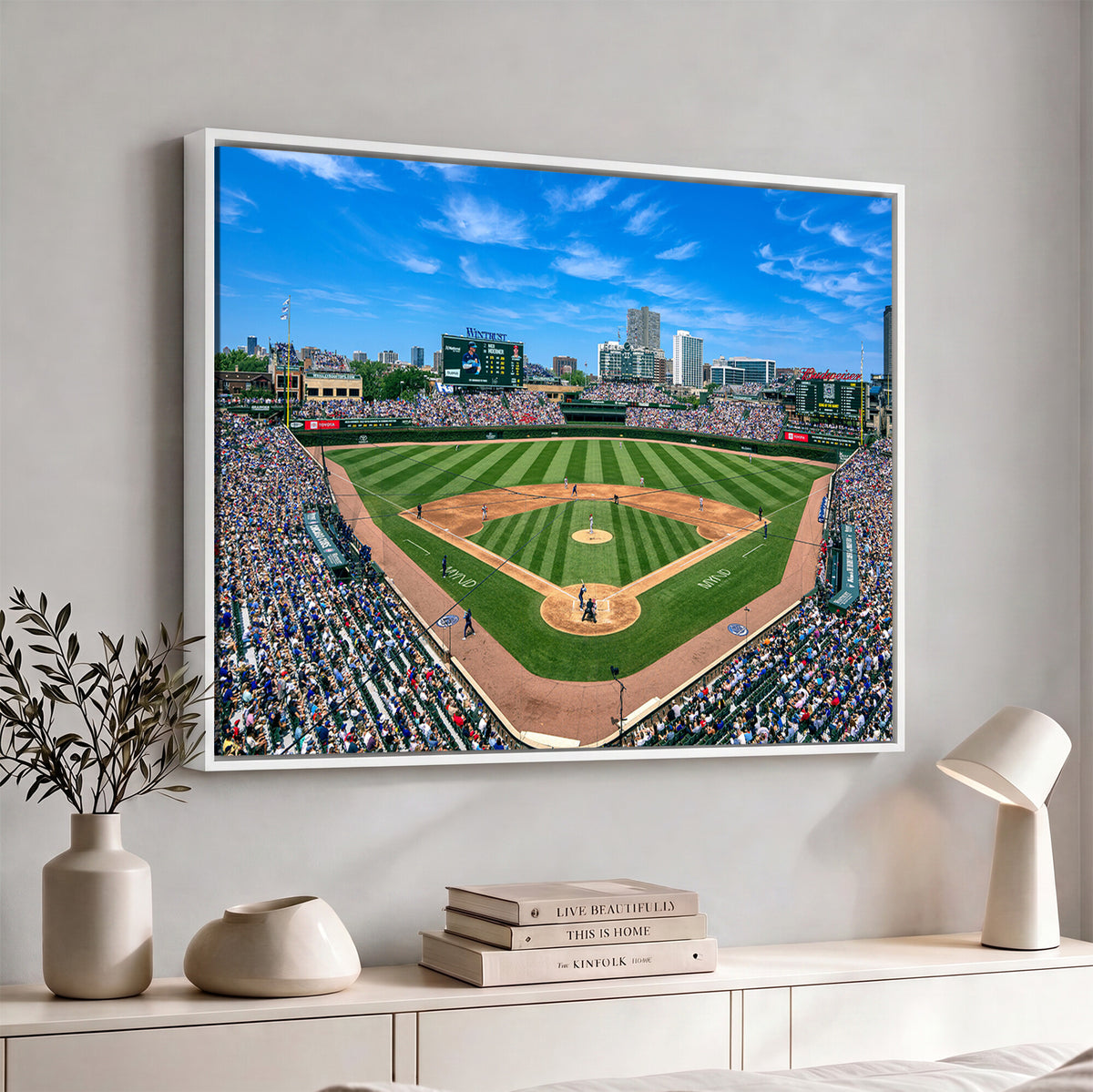 26064-MGV-CV-36X24 - Framed Wrigley Field Chicago Cubs Canvas Print – Panoramic Multi-Piece Iconic Baseball Stadium Wall Art for Home, Office