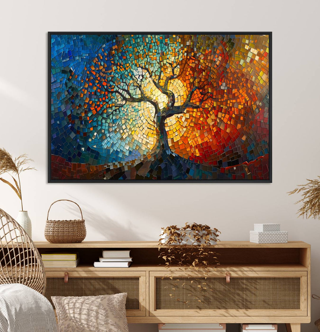 Mosaic Tree Canvas Wall Art: A stunning stained glass-inspired Tree of Life featuring blue and orange swirling patterns reminiscent of a sunburst.