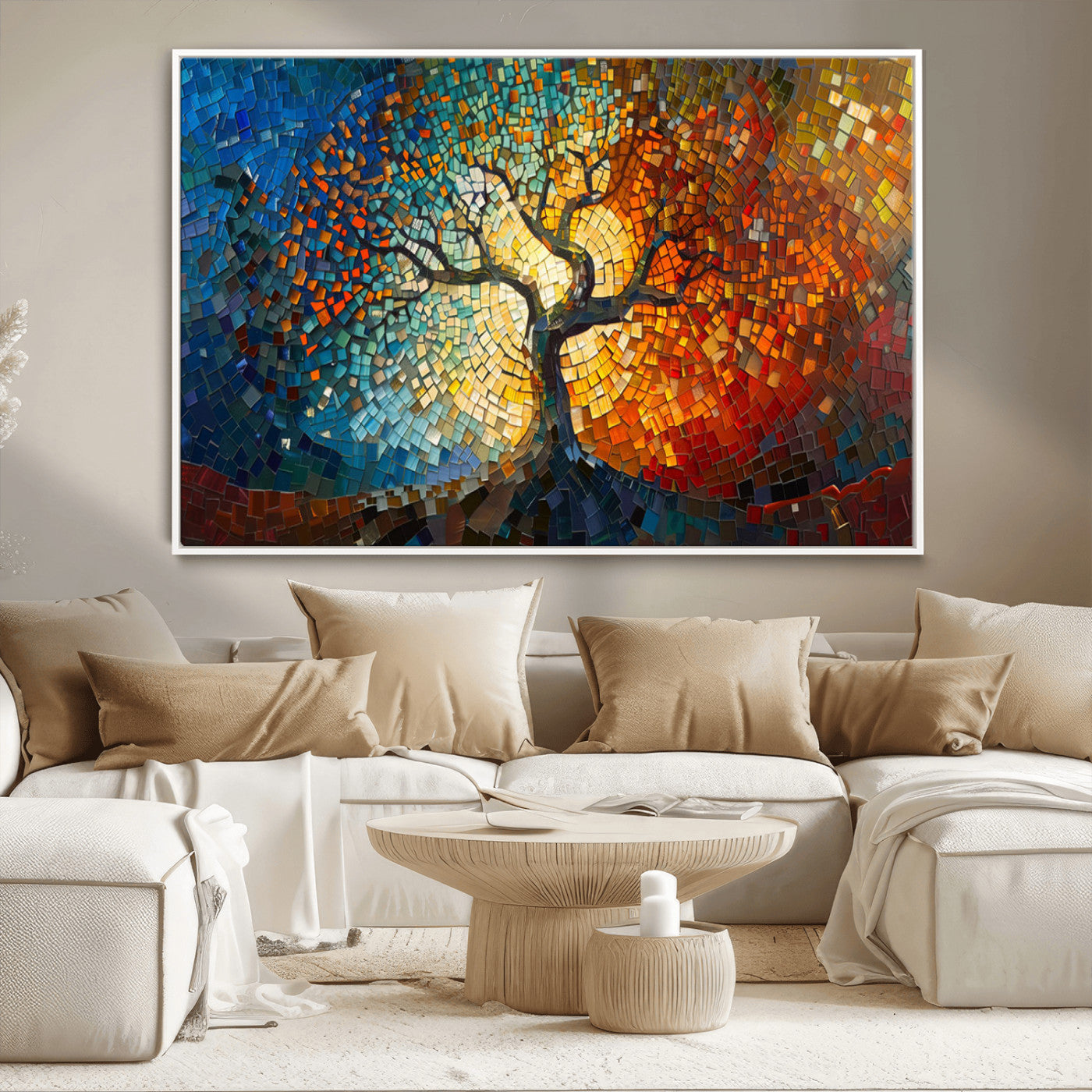 MGV-FC-36X24 - Mosaic Tree Canvas Wall Art Canvas Print – Vibrant Stained Glass-Inspired Tree of Life - Ready to