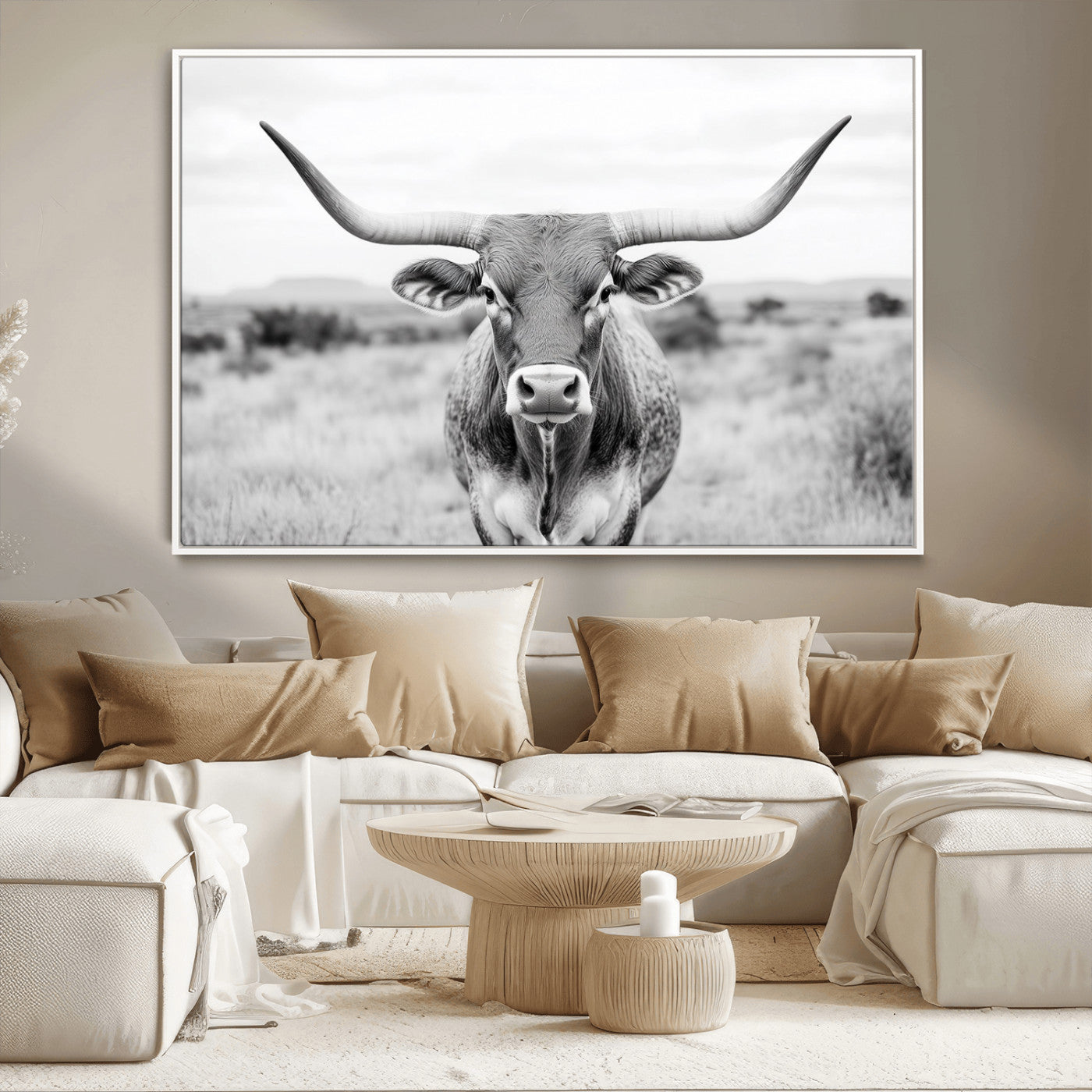 MGV-FC-36X24 - Highland Cow Wall Art Print - Black and White Texas Western Longhorn Canvas - Farmhouse Decor Print