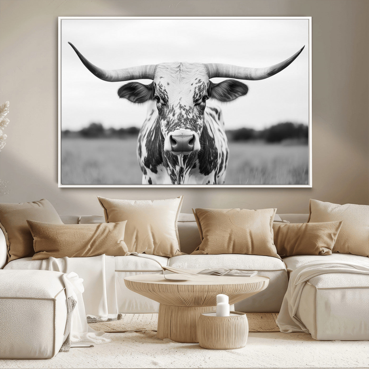 MGV-FC-36X24 - Highland Cow Wall Art - Black and White Western Longhorn Canvas Print - Farmhouse Living Room Decor
