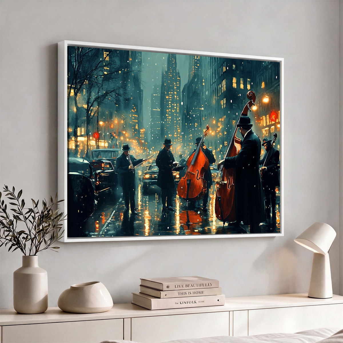 53391-MGV-CV-24X16 - Urban Night Jazz Wall Art Canvas Print | Moody Rain Soaked City Street Band Scene