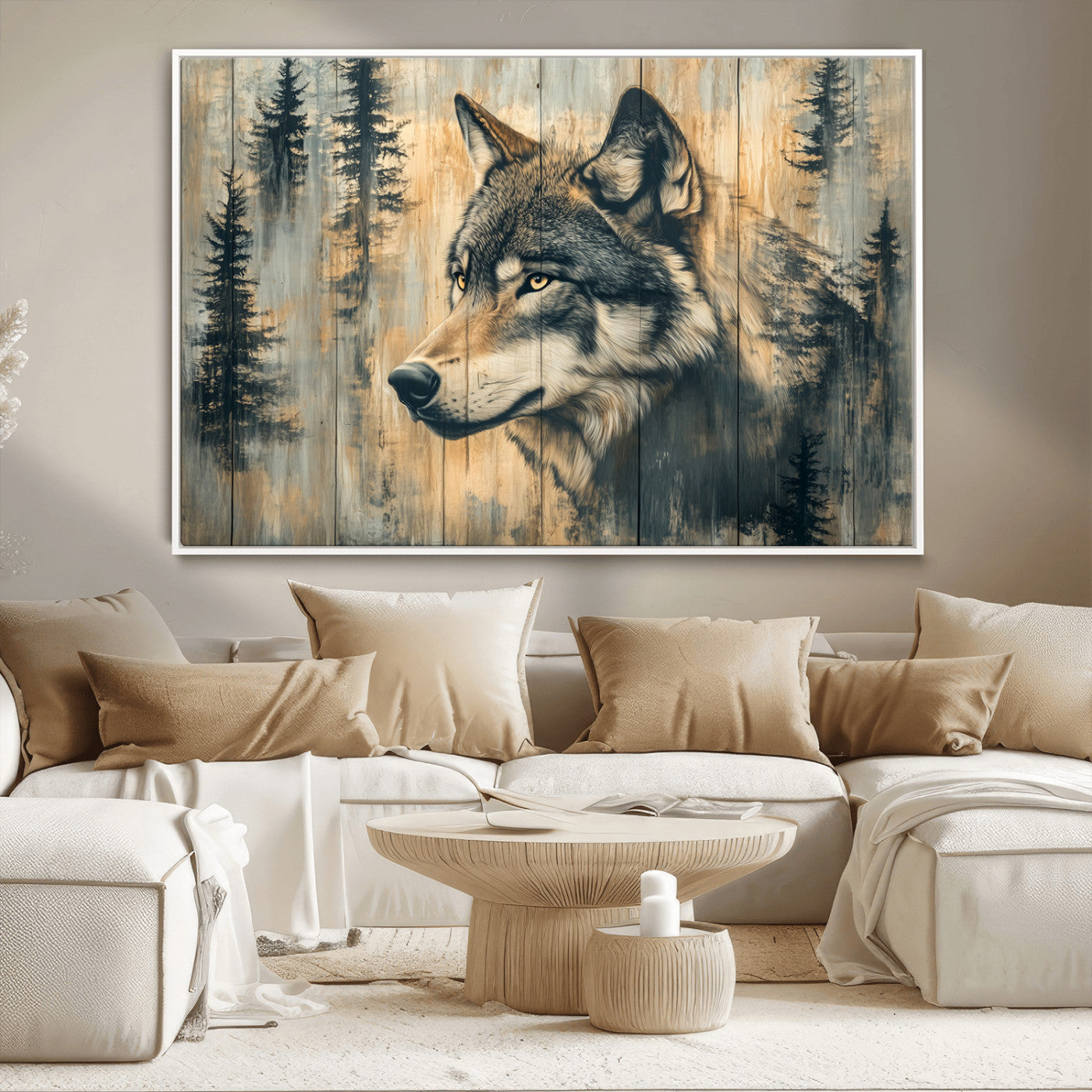MGV-FC-36X24 - Wood Style Rustic Wolf Wall Art Canvas Print, Vintage Woodland Wolf Wall Art, Framed Wood Style Wolf
