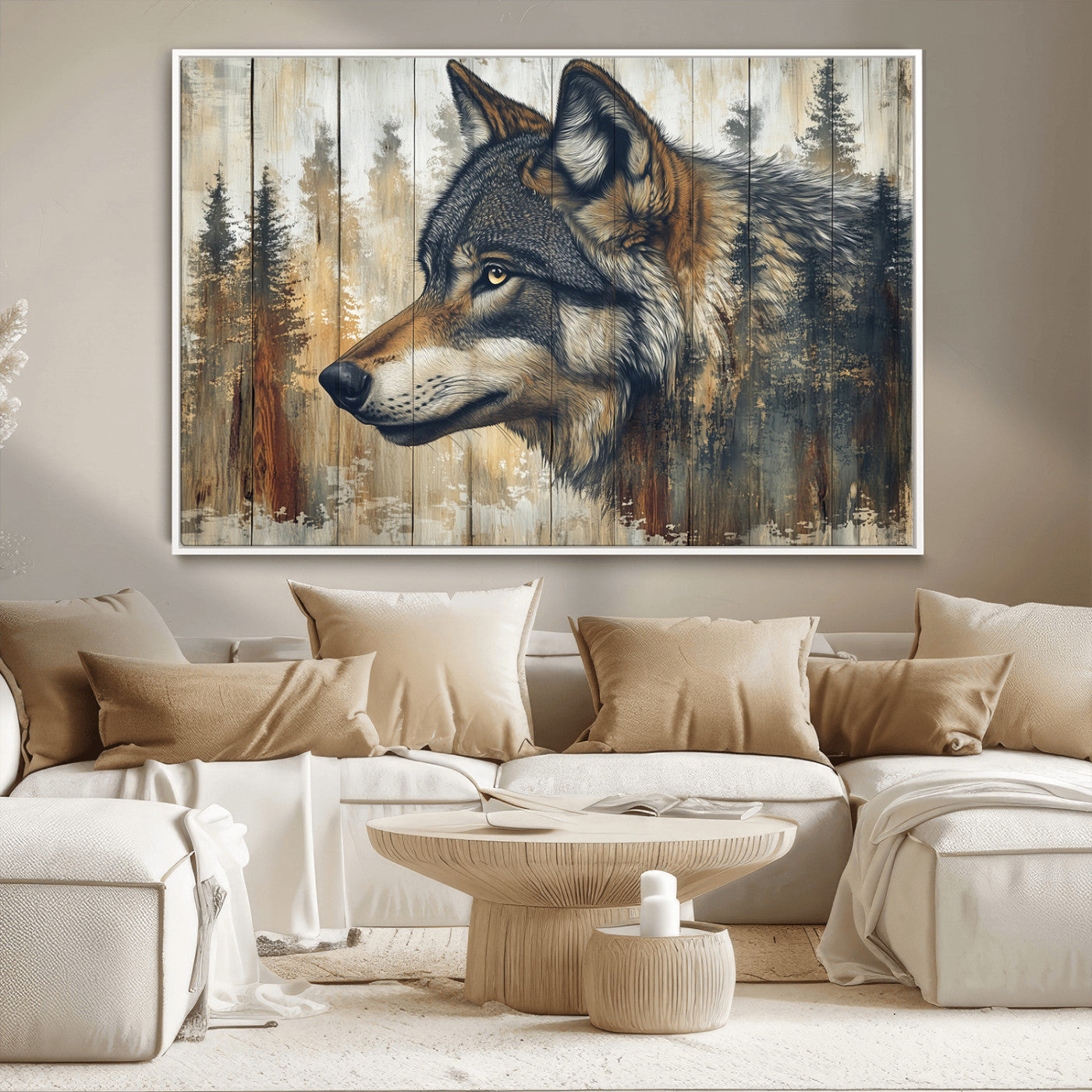 MGV-FC-36X24 - Rustic Wolf Wall Art Canvas Print, Vintage Woodland Wolf Wall Art