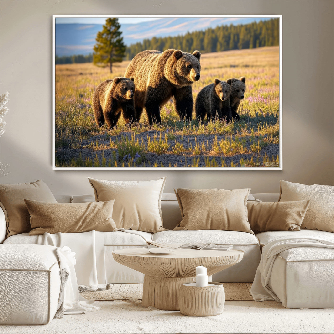 MGV-FC-36X24 - Grizzly 399 in Wild Flowers Wall Art Canvas Print, Grizzly Bears Wall Art, Queen of Grand Teton
