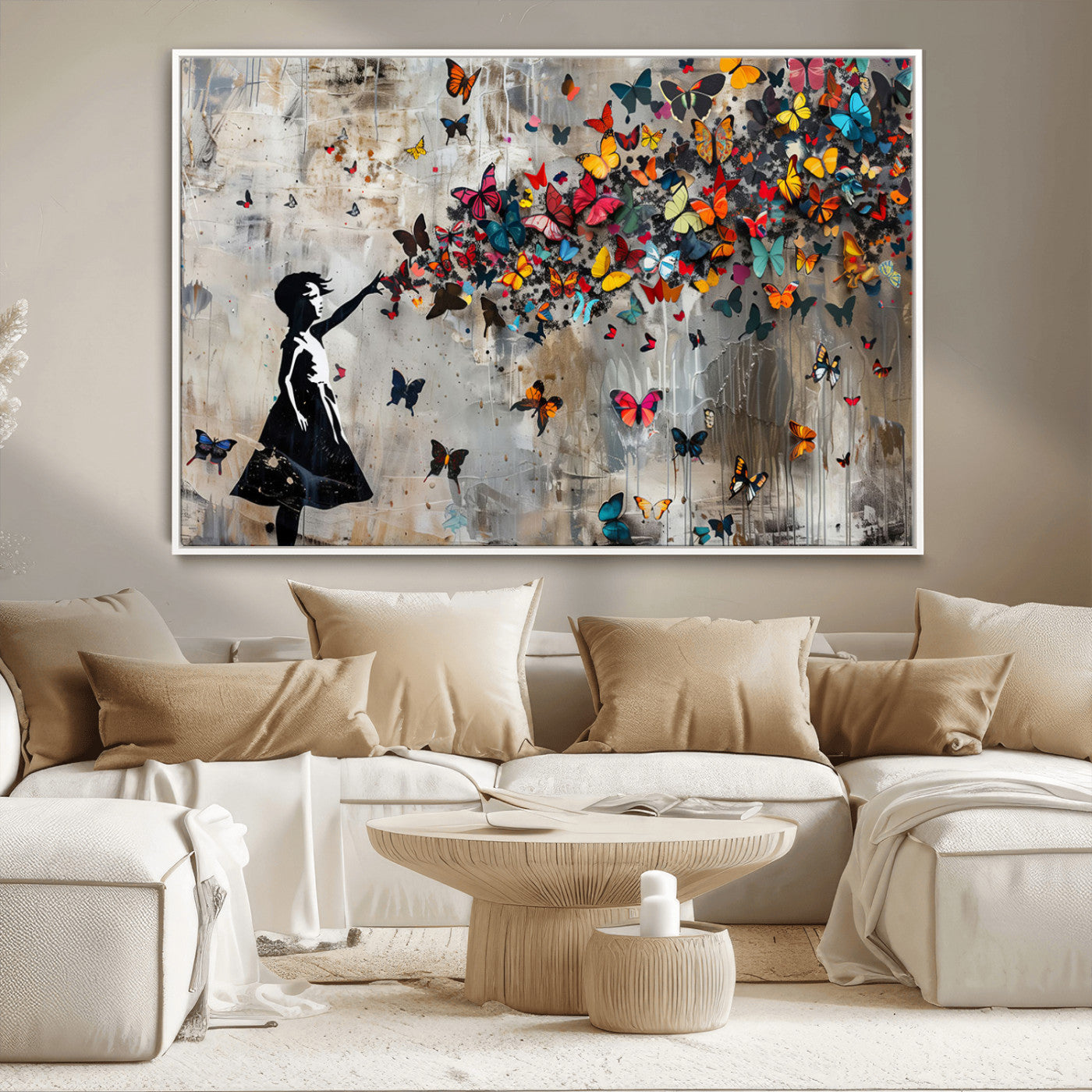MGV-FC-36X24 - Framed Banksy Butterfly Girl Wall Art ,3-Piece Butterfly Girl Canvas, Modern Graffiti Canvas Print