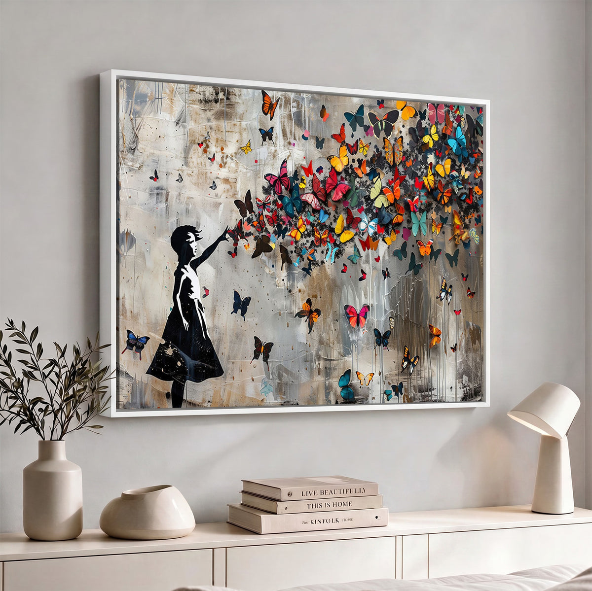 51446D-MGV-CV-24X16 - Banksy Butterfly Girl Wall Art | Modern Graffiti Canvas Print, Street Art Decor