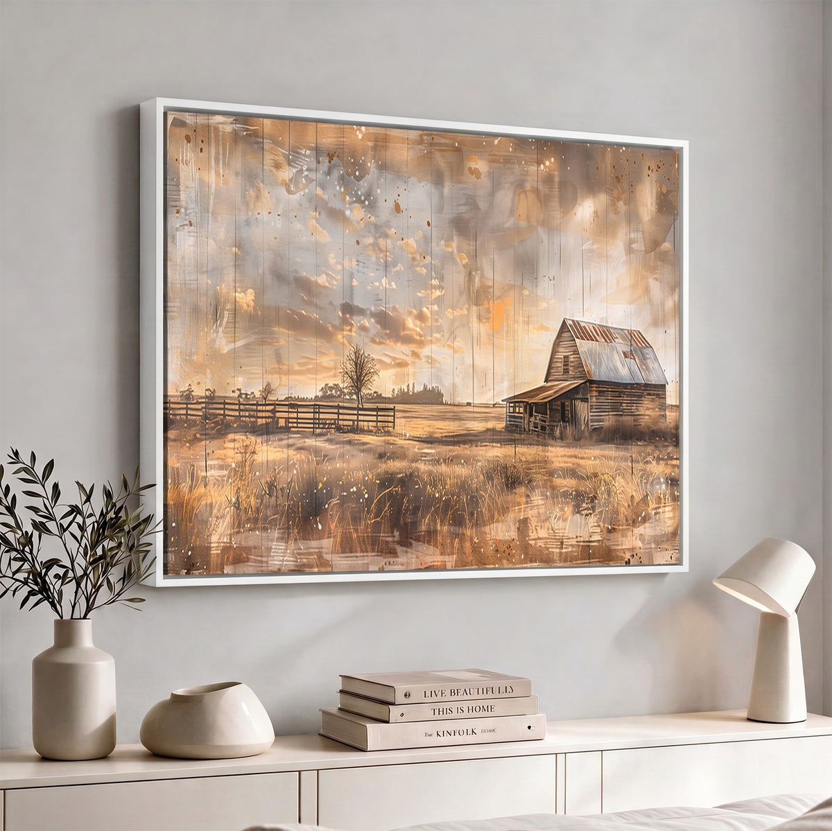 FARM2-MGV-CV-24X16 - Rustic Farmhouse Wall Art Canvas Print | Barn and Field Vintage Country Landscape