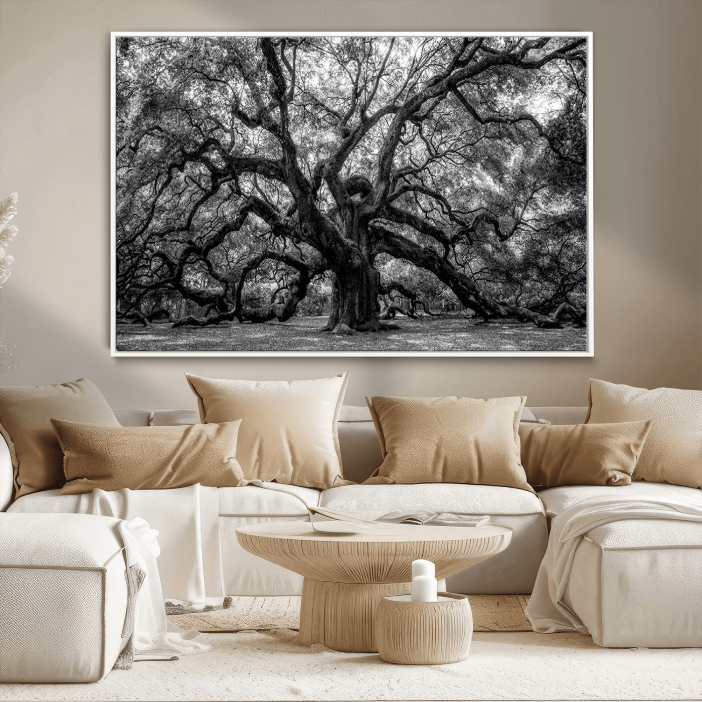 MGV-FC-36X24 - Black and White Old Angel Oak Tree Wall Art Canvas Print