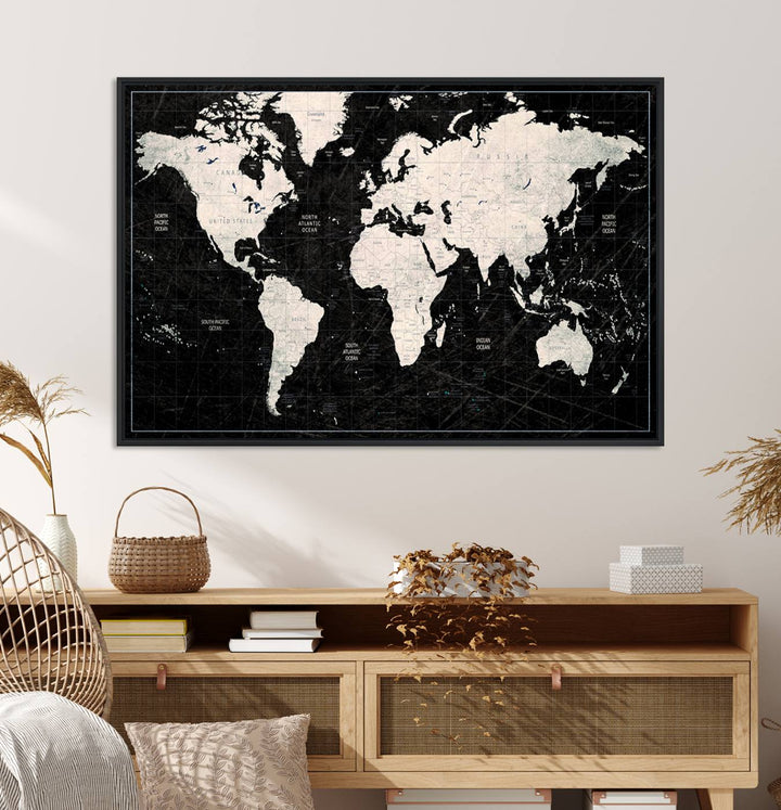 Framed Black and White World Map Canvas Print | 3-Panel Ready to Hang Wall Art for Modern Home Decor | Bold Global Style for Office Decor