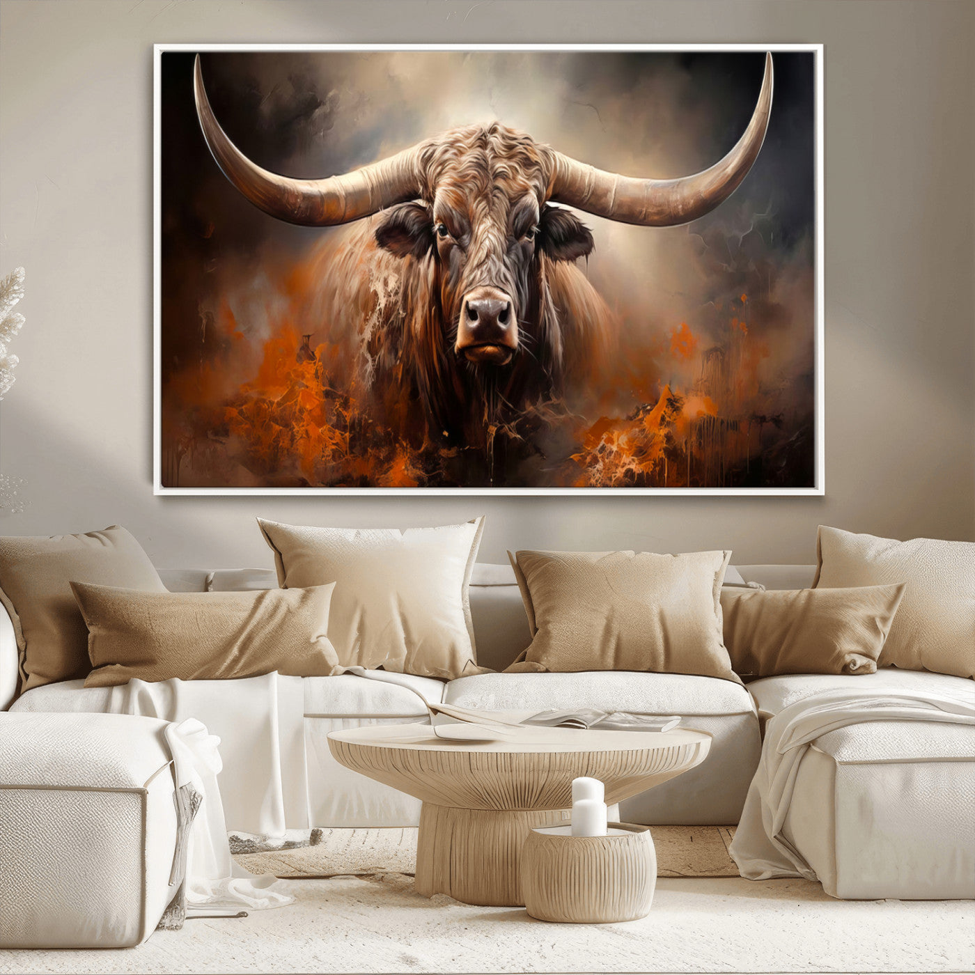 MGV-FC-36X24 - Highland Bull Canvas Abstract Canvas Wall Art Print – Powerful Highland Bull with Striking Horns in