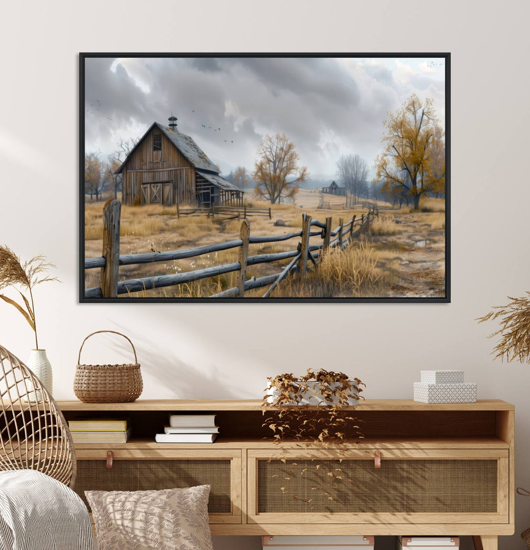 Rustic Autumn Farmhouse Wall Art – Weathered Barn & Trees Canvas Print, featuring a serene scene with birds in the sky. This piece is ready to hang.