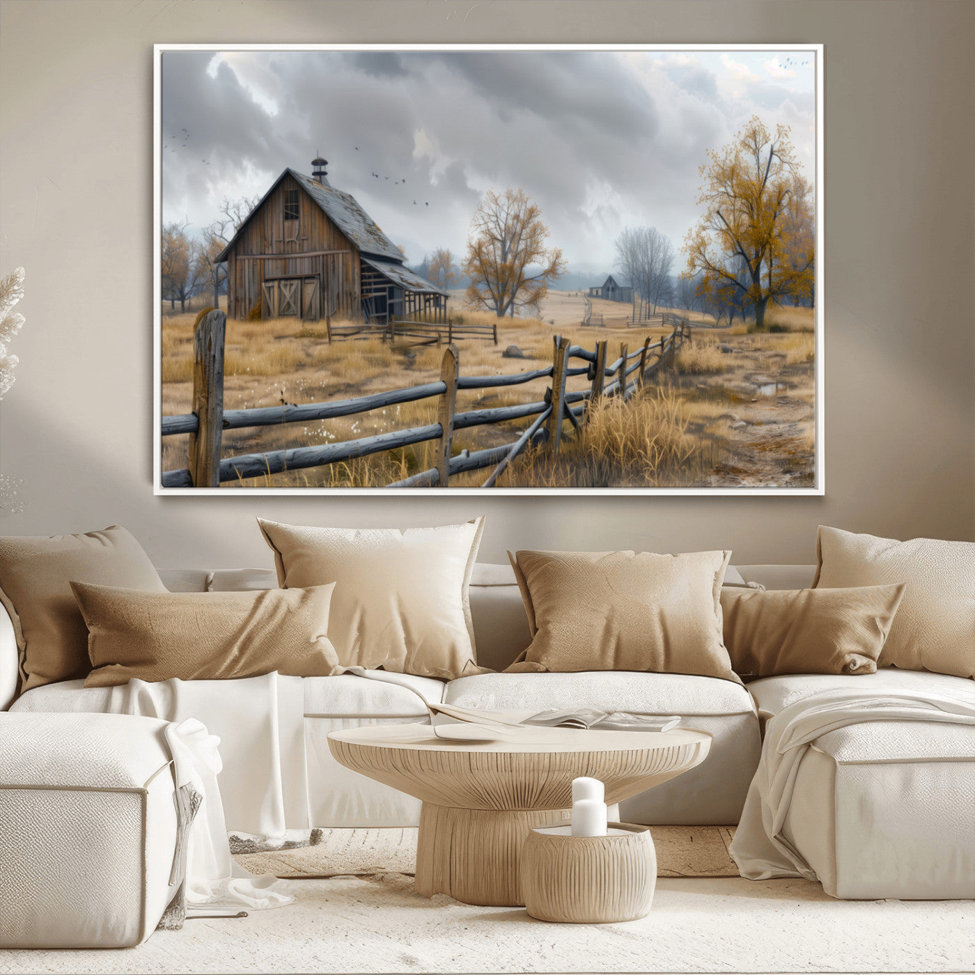 MGV-FC-36X24 - Rustic Autumn Farmhouse Wall Art Canvas Print – Serene Countryside Scene with Weathered Barn and