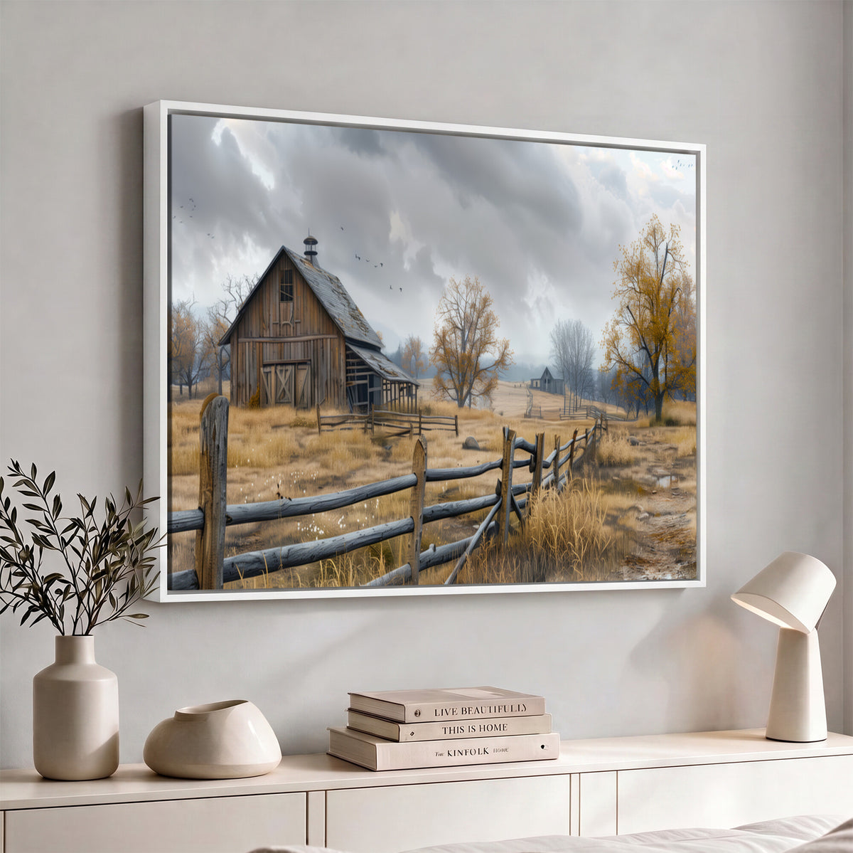 Farm1-MGV-CV-36X24 - Rustic Autumn Farmhouse Wall Art Canvas Print | Serene Countryside with Weathered Barn