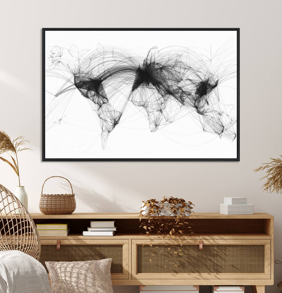 The Flight Routes Air Traffic canvas wall art, framed and ready to hang, is perfect for aviation enthusiasts.