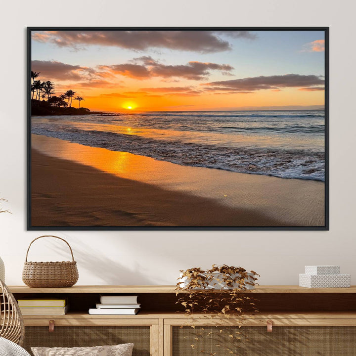 Sunset Wall Art Print featuring a beach sunset with waves and palms, perfect for coastal decor.