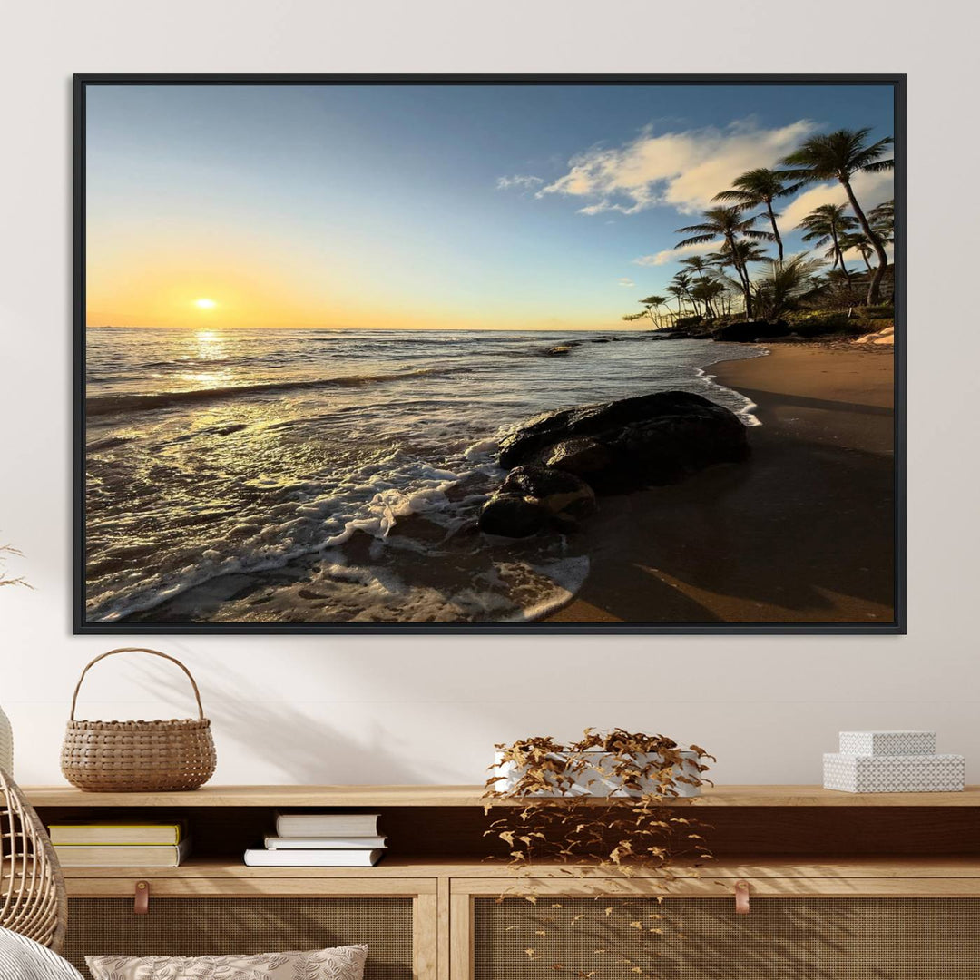 A serene tropical sunset on canvas, featuring palms and waves, serves as perfect Tropical Beach Wall Art for home or office decor.