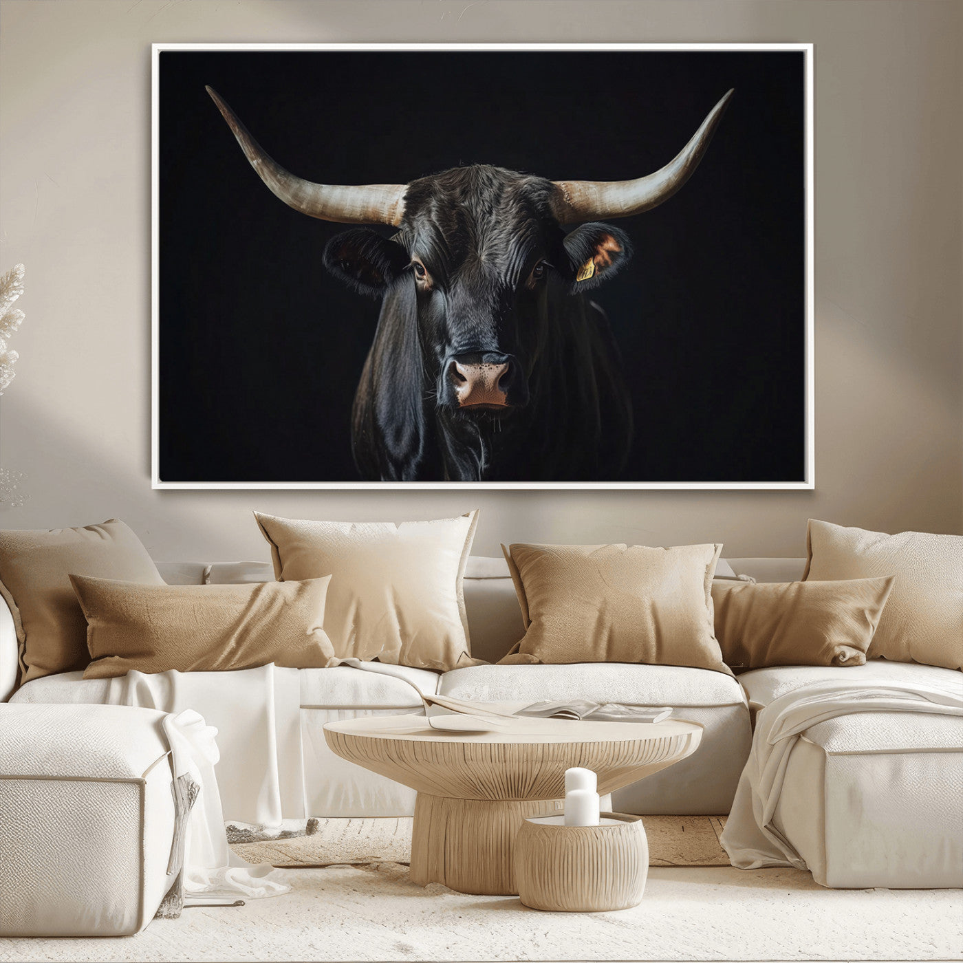 48065167-MGV-CV-36X24-Majestic Longhorn Bull Wall Art Canvas Print – Dark Background Western Ranch Portrait Artwork for Home, Office