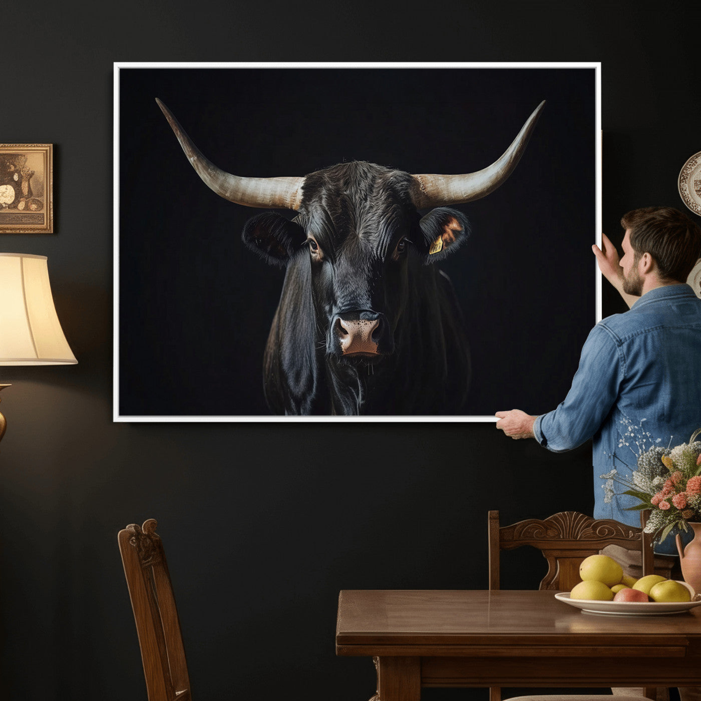 48065167-MGV-CV-36X24 - Texas Longhorn Bull Wall Art Canvas Print – Western Black Bull Art Print for Farmhouse Ranch Decor