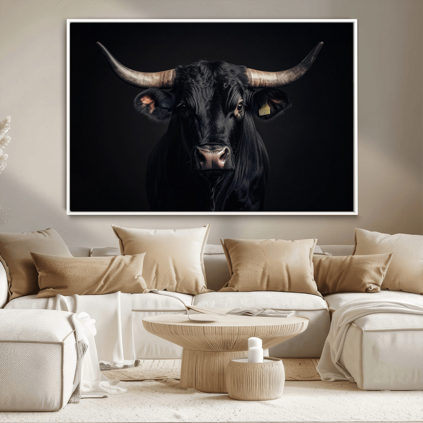 MGV-FC-36X24 - Black Bull Wall Art – Framed Horned Bull Canvas Artwork, Western Cattle Design, Rustic Ranch Style Decor for Home, Office