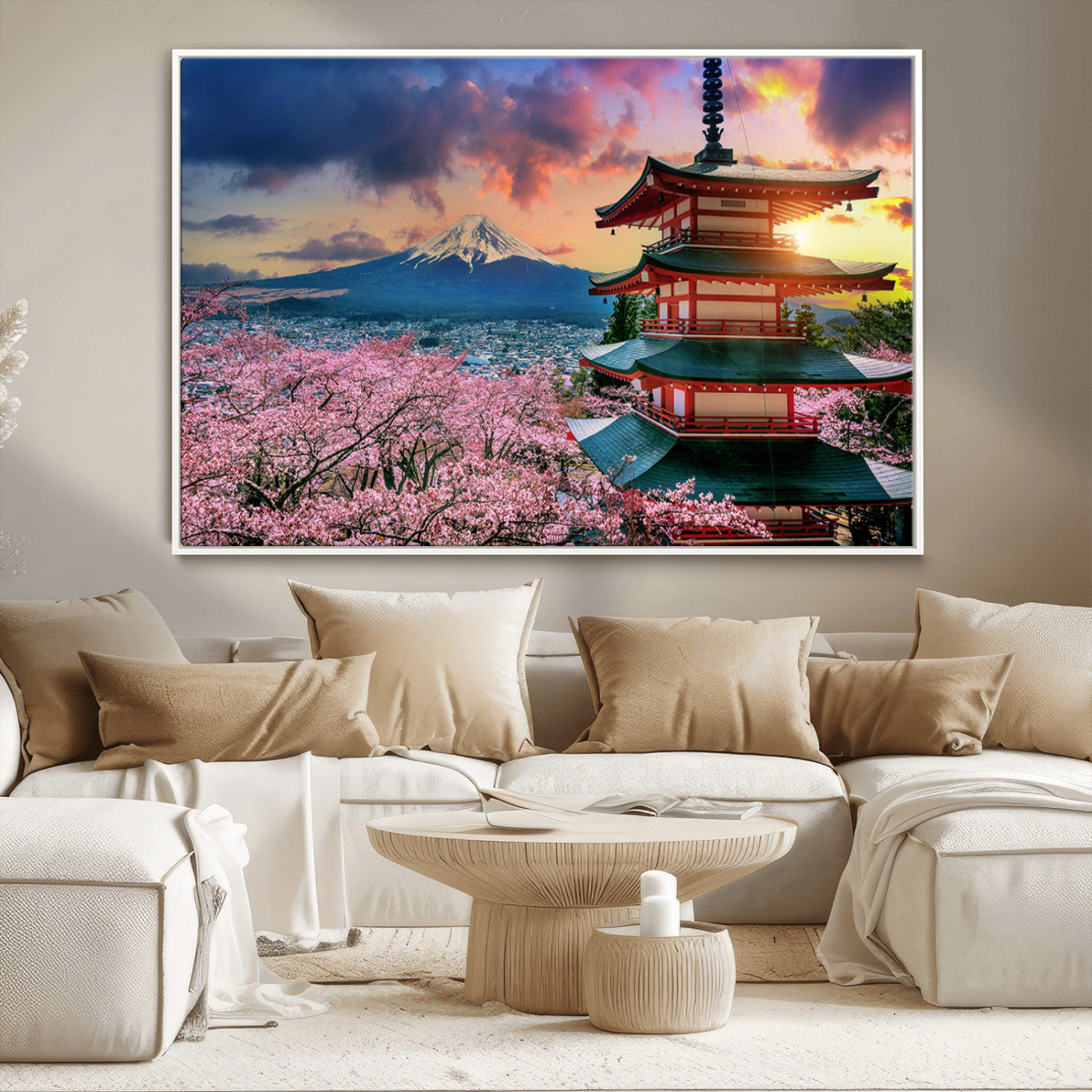 MGV-FC-36X24 - Mount Fuji & Cherry Blossom Wall Art Canvas Print – Iconic Japanese Landscape, Sakura Pagoda Sunset,