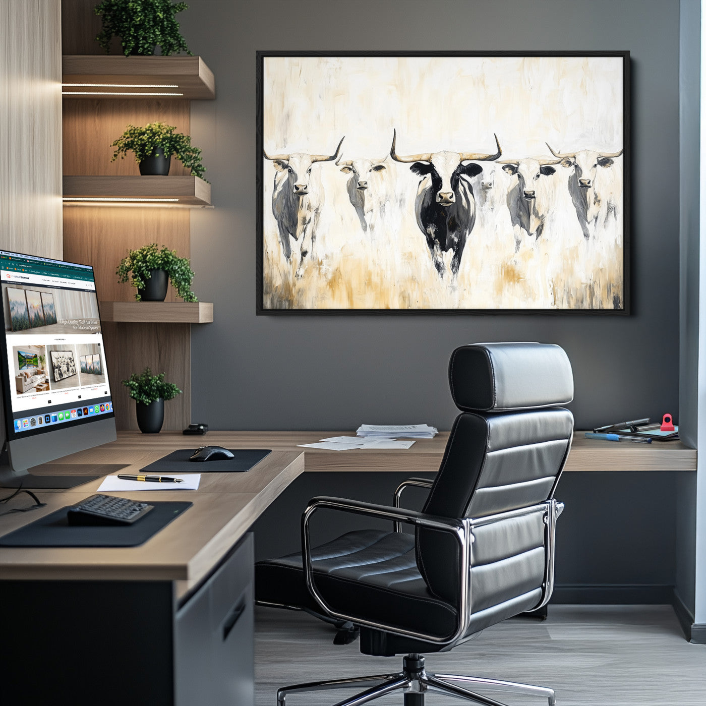 Texas Longhorn Canvas Print, Framed Rustic Herd Art Picture Print, Western Bull Perfect Neutral Western Decor