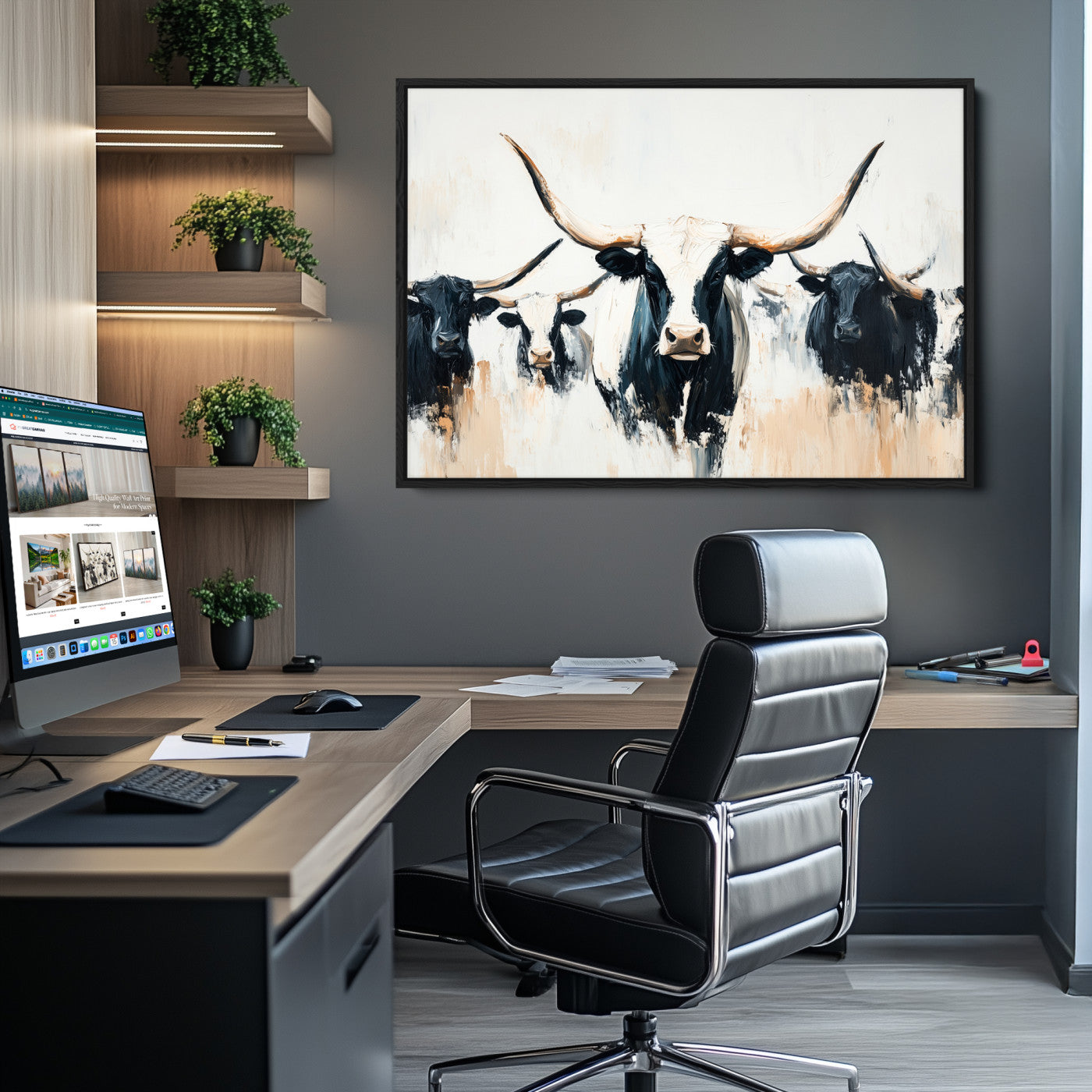 Texas Longhorn Wall Art Canvas Print, Framed Western Cattle Art Picture Print, Horned Bull Perfect Rustic Western Decor, Western Cattle