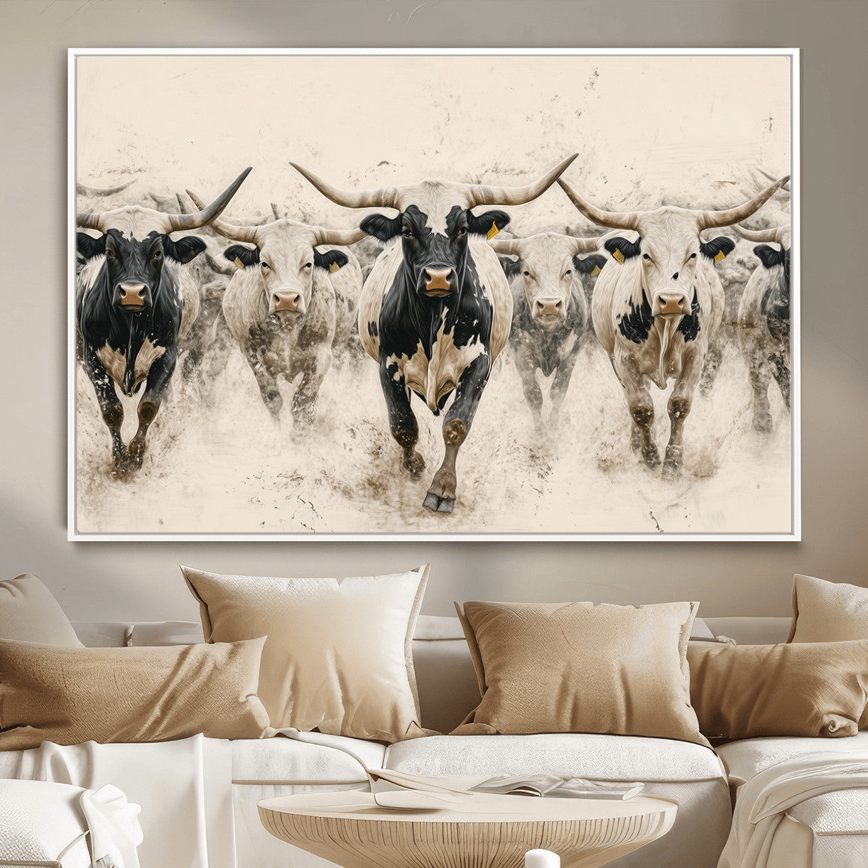 MGV-FC-36X24 - Cream Dust Longhorn Wall Art – Canvas Print of Western Herd Stampede, Dynamic Charge, Rustic Prairie Motion, Bold Nature Farm Decor