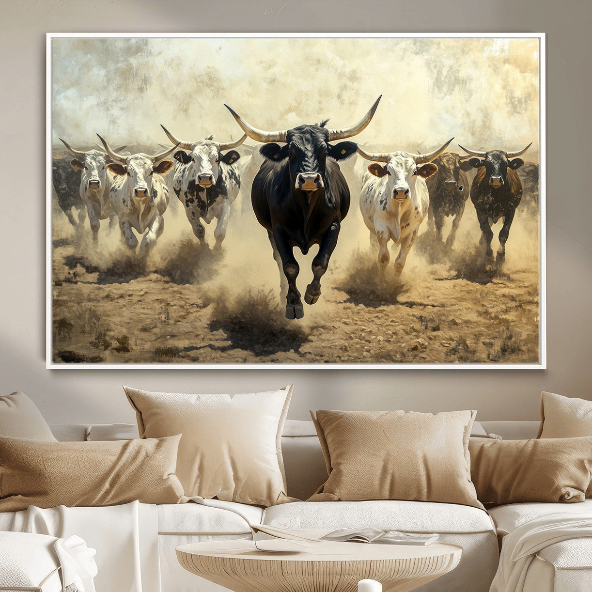 MGV-FC-36X24 - Running Cattle Wall Art – Canvas Print of Western Herd, Dust Stampede, Longhorns, Wild West Ranch, Bold Rustic Farm Decor for Home or Office