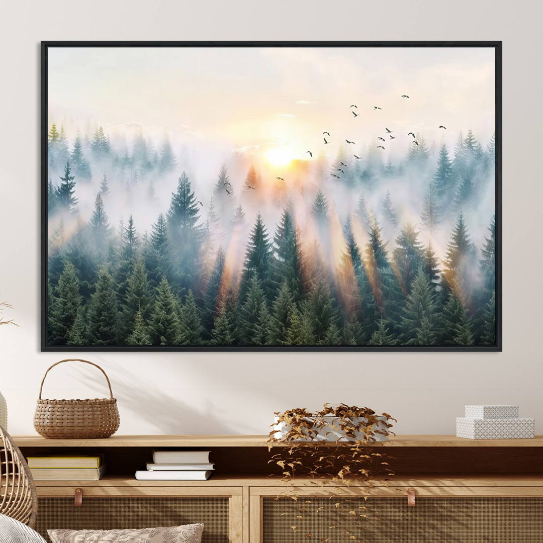 Misty Pine Forest Wall Art: A depiction of sunrise over foggy trees and birds against a bright sky; a framed woodland scene ideal for home or office decor.