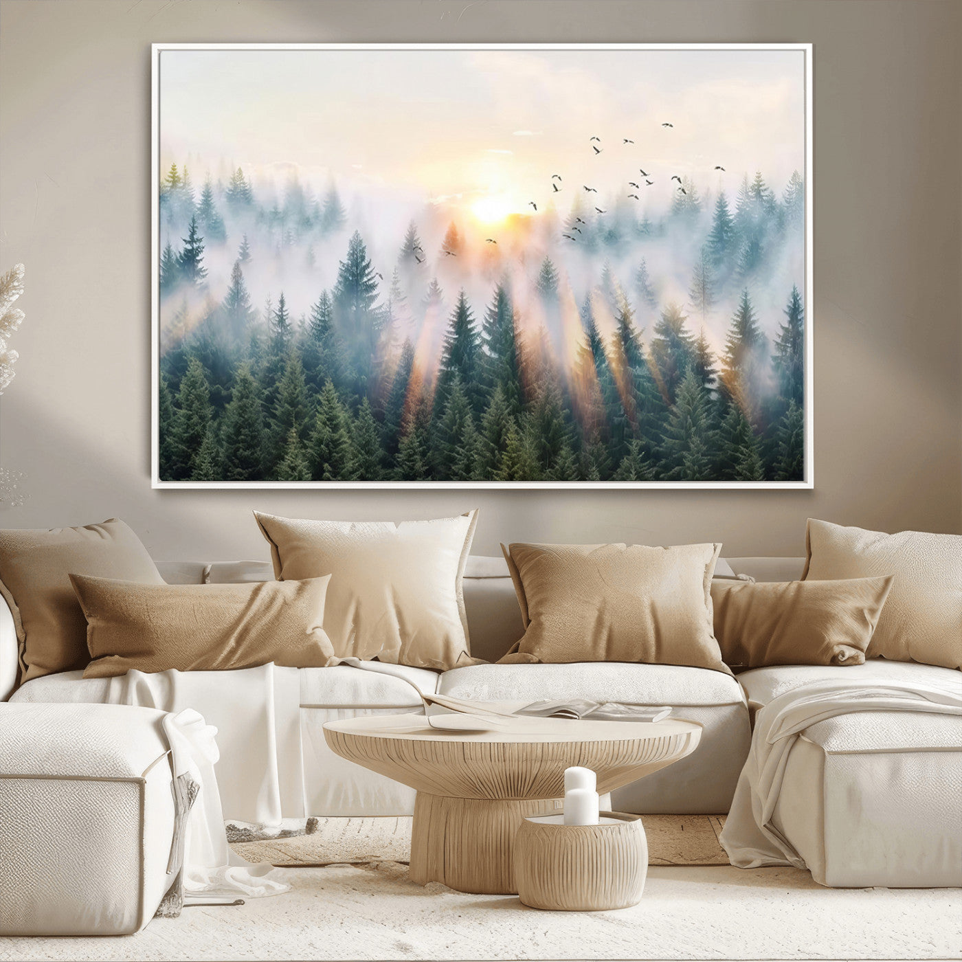 MGV-FC-36X24 - Misty Pine Forest Wall Art Canvas, Sunrise Over Foggy Trees Canvas for Home - Office, Framed
