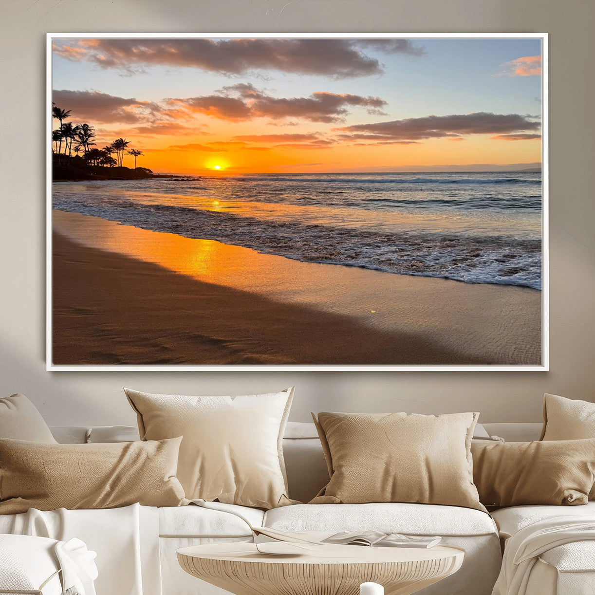 MGV-FC-36X24 - Sunset Glow Wall Art – Canvas Print of Ocean Breeze, Golden Sand, Tropical Palm Silhouettes, Tranquil Waves, Beach Nature Decor for Home