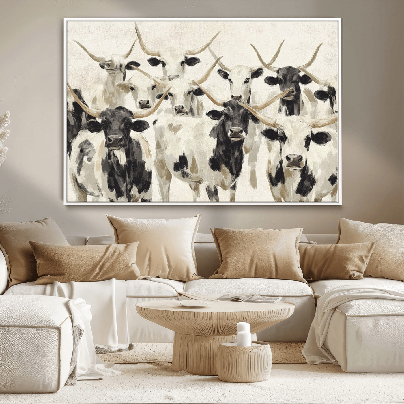 MGV-FC-36X24 - Longhorn Texas Cow Drawing Abstract Wall Art Canvas Print for Farmhouse Decor, Texas Bull Printing