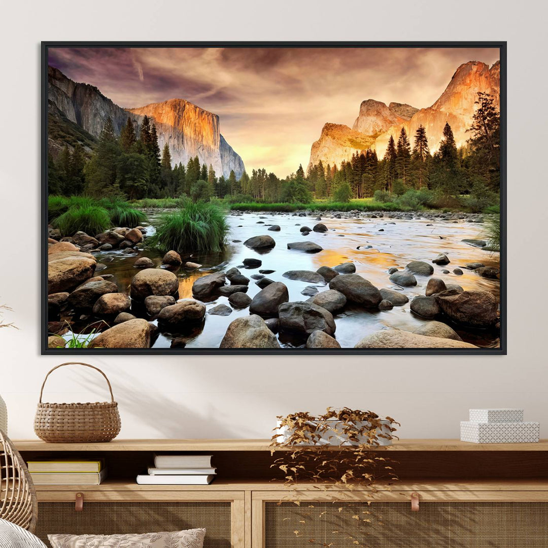 A tranquil riverside sunset mirrors the beauty of a Yosemite wall art masterpiece like the Large El Capitan Print.