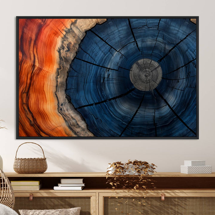 Abstract Tree Rings Canvas Print with vibrant colors—ideal farmhouse wall art for a woodland-themed home.