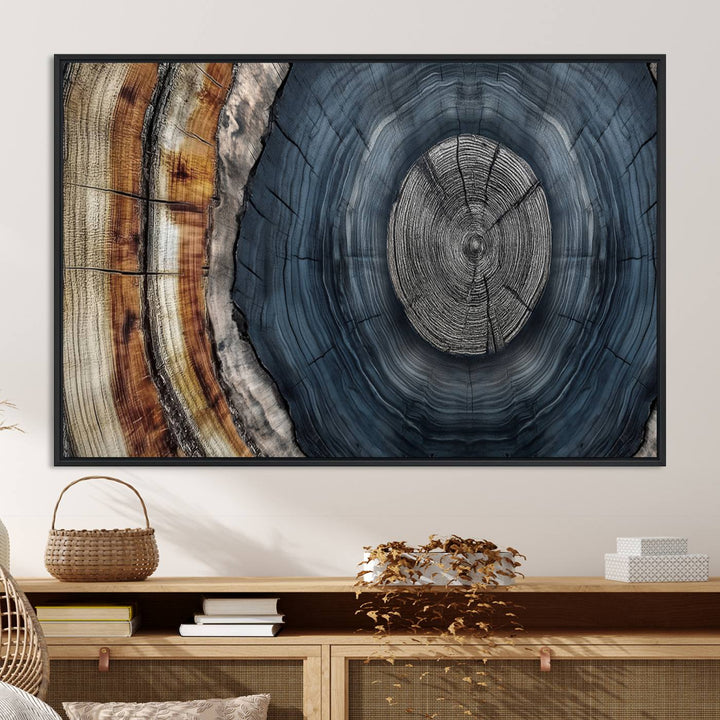 Close-up of the Abstract Tree Rings Wall Art Print featuring shades of blue, brown, and gray.