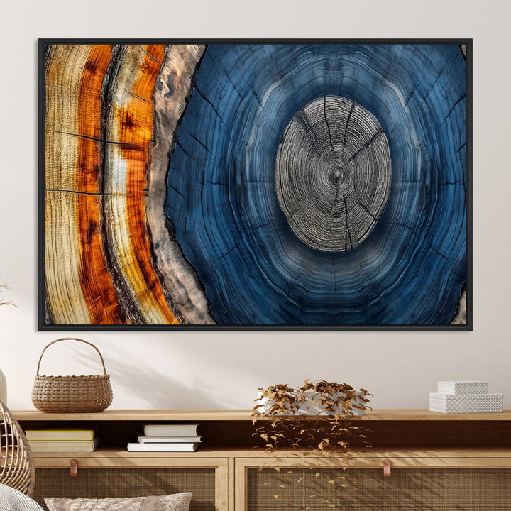 Vibrant Abstract Tree Rings in Orange, Brown, and Blue - Canvas Print for Nature Woodland Wall Decor.