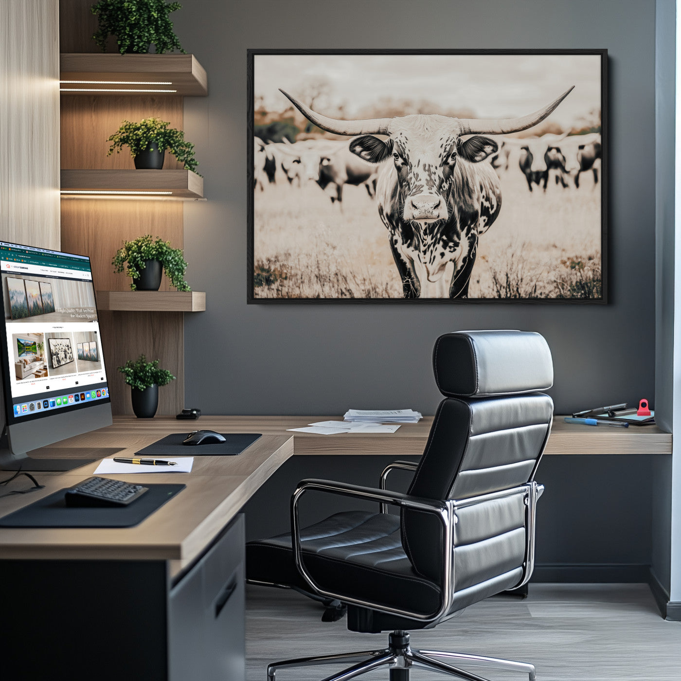 Texas Longhorn Wall Art Canvas Print, Framed Speckled Cow Art Picture Print, Horned Cattle Perfect Rustic Western Decor Artwork