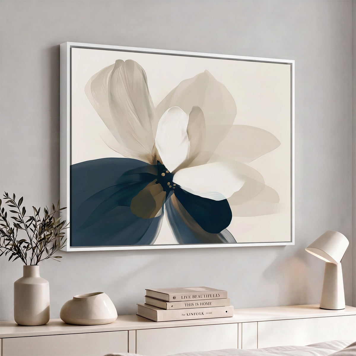 42188901-MGV-CV-24X16 - Minimal Flower Wall Art Canvas Print | Framed Beige and Navy Bloom