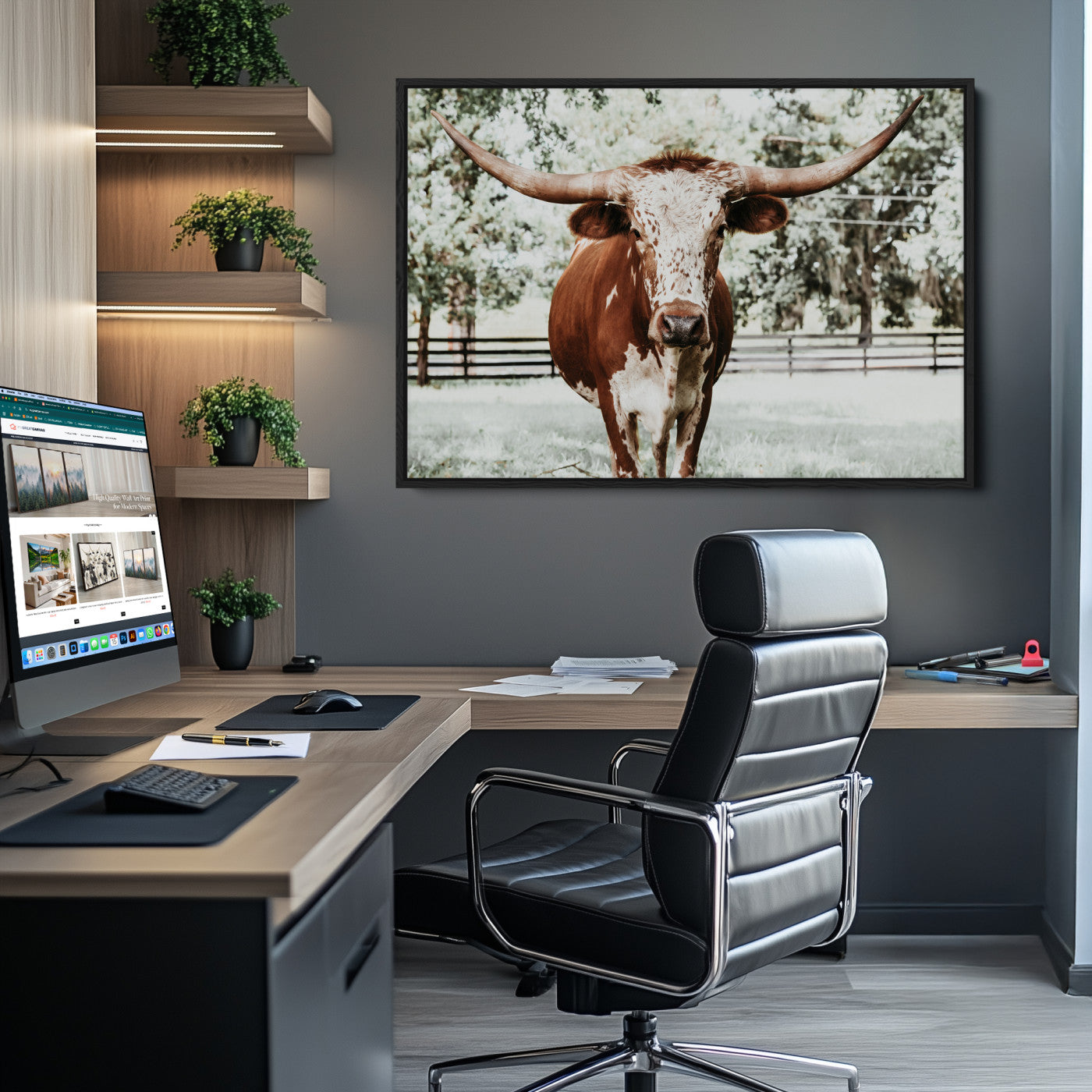 54757537-MGV-CV-36X24-Texas Longhorn Wall Art Canvas Print, Framed Spotted Cow Art Picture Print, Horned Cattle Perfect Rustic Western Decor Artwork