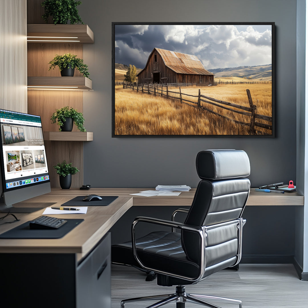 Rustic Barn Wall Art Canvas Print, Framed Moody Barn Art Picture Print, Golden Field Perfect Rustic Farmhouse Decor