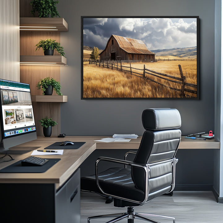 Rustic Barn Wall Art Canvas Print, Framed Moody Barn Art Picture Print, Golden Field Perfect Rustic Farmhouse Decor