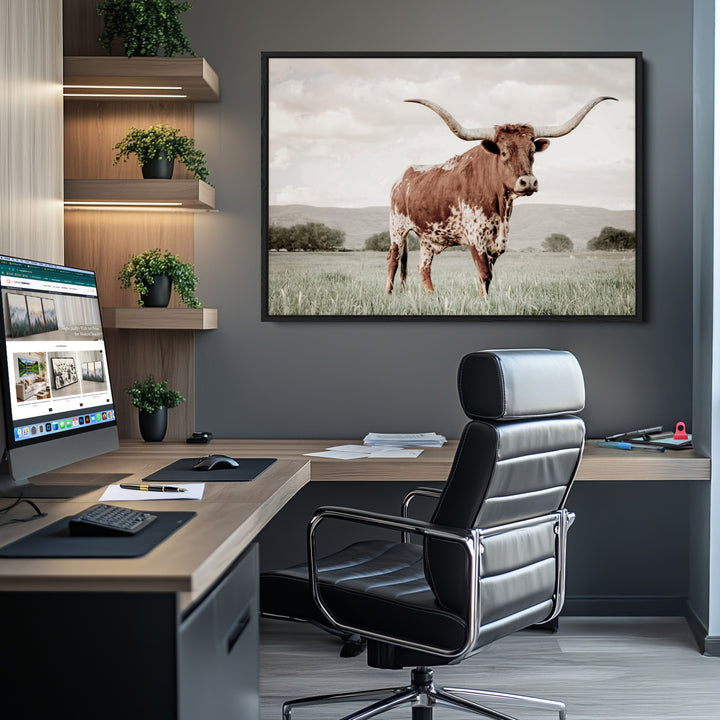 Texas Longhorn Wall Art Canvas Print, Framed Spotted Cattle Art Picture Print, Horned Bull Perfect Rustic Western Decor Artwork