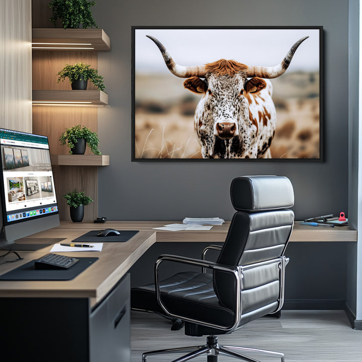 Texas Longhorn Wall Art Canvas Print, Framed Spotted Cow Art Picture Print, Horned Cattle Perfect Rustic Western Decor Artwork