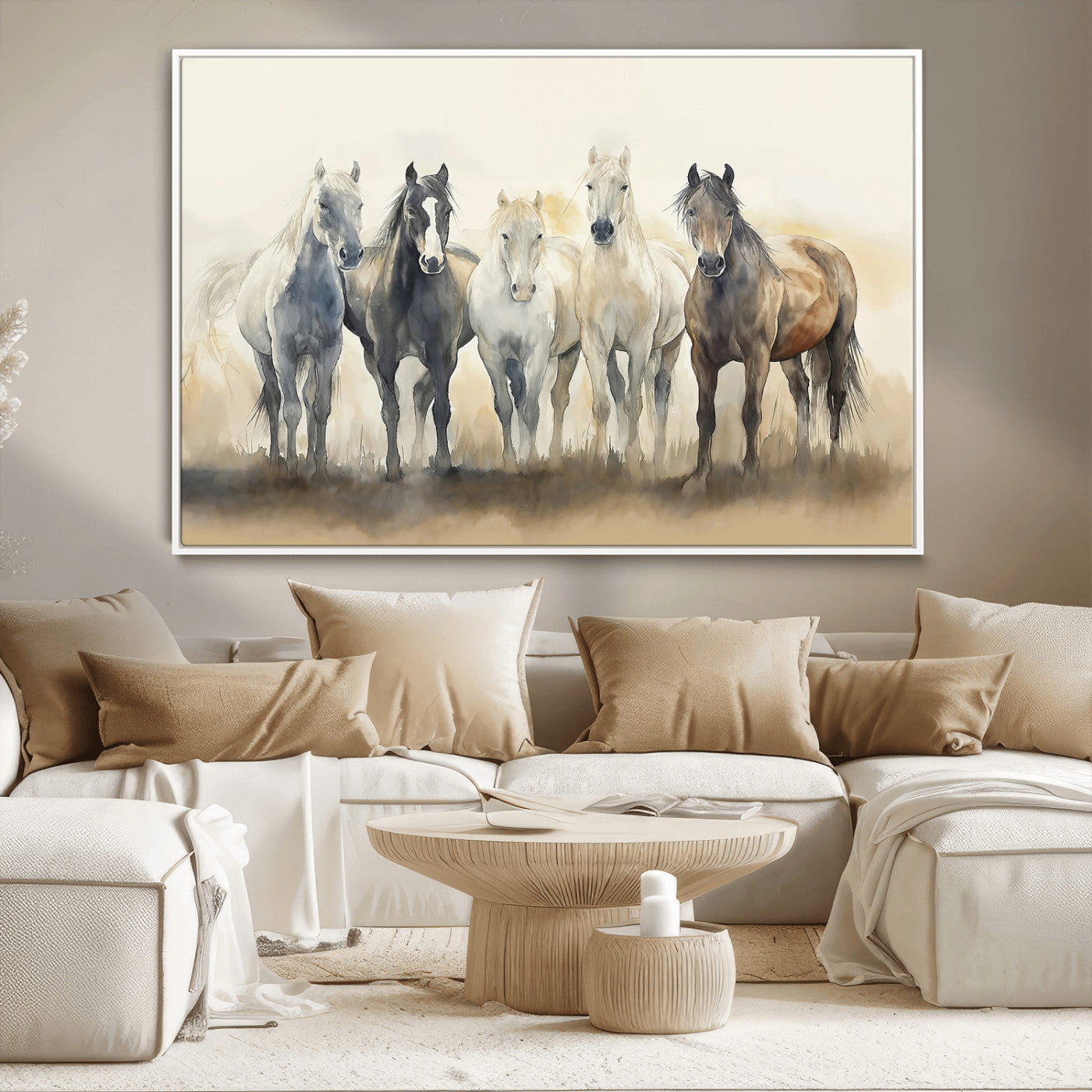 MGV-FC-36X24 - Wild Horses Wall Art Canvas Print, Framed Running Horses Art Picture Print, Watercolor Horses Perfect Rustic Western Decor Artwork